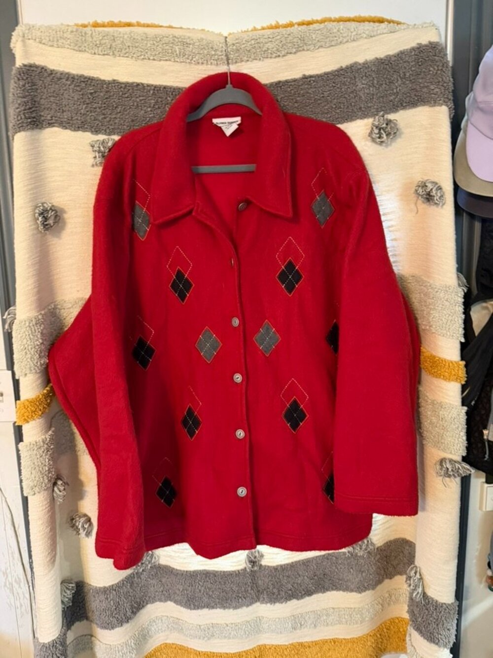 Alfred Dunner Vintage Red Fleece Argyle Button Down Jacket Cardigan Plus Size 2X
